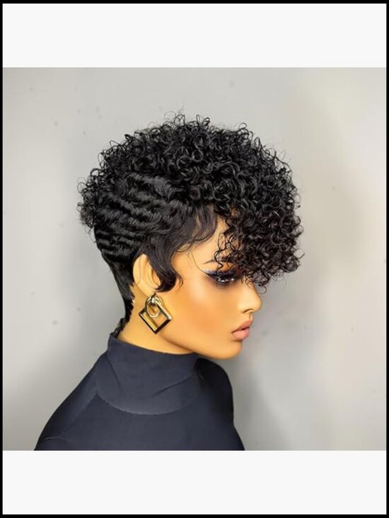 Short Layered Curly Human Hair Wig with Bangs Lightweight Full Density Glueless main image 6